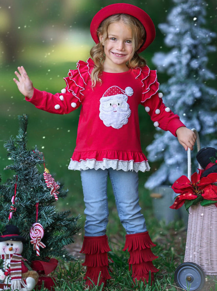 Toddler Clothing Sale | Girls Santa Ruffled Pom Pom Tunic | Boutique