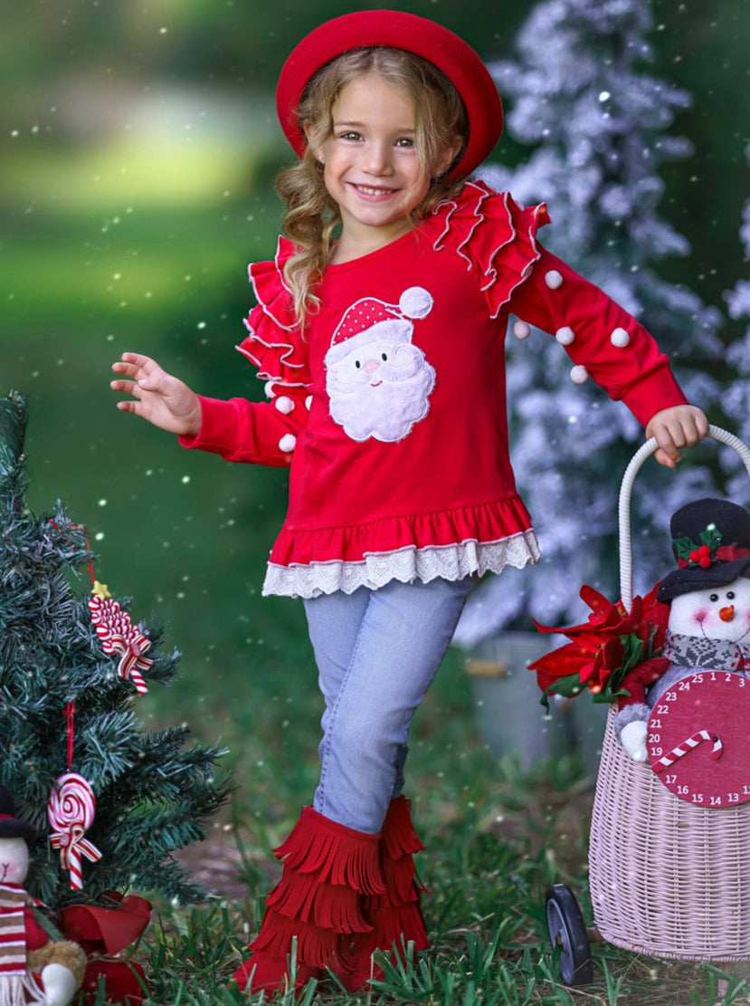 Toddler Clothing Sale | Girls Santa Ruffled Pom Pom Tunic | Boutique