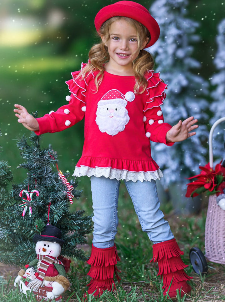 Toddler Clothing Sale | Girls Santa Ruffled Pom Pom Tunic | Boutique