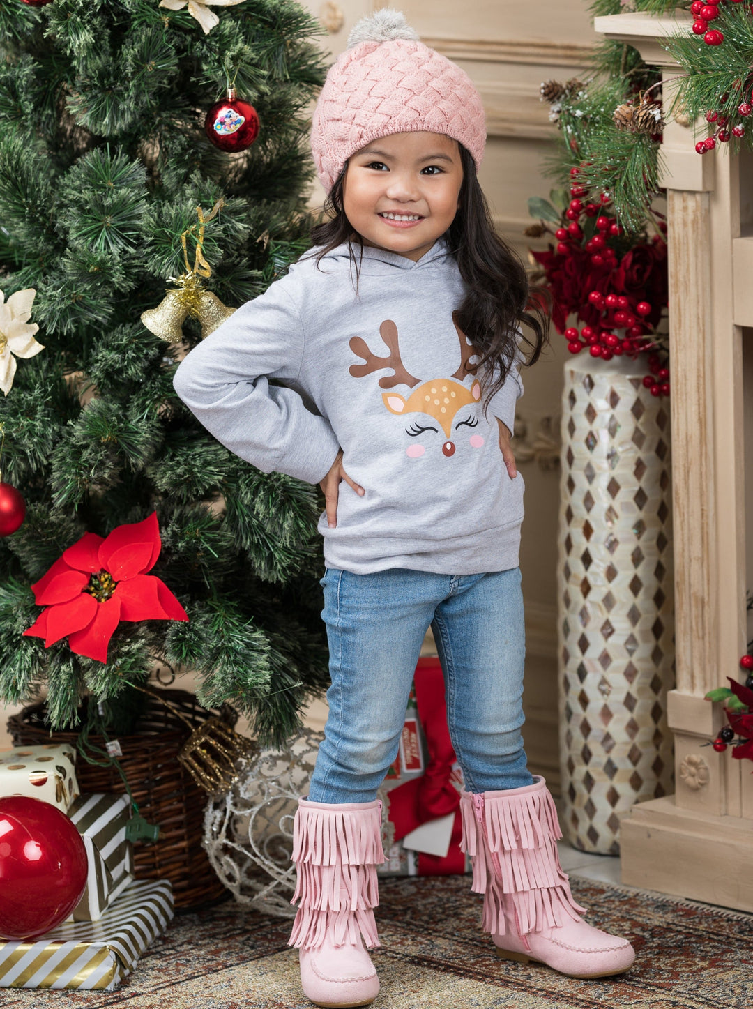 Cute Toddler Winter Tops | Girls Reindeer Long Sleeve Hooded Top 