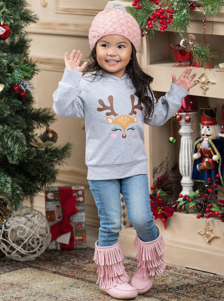 Cute Toddler Winter Tops | Girls Reindeer Long Sleeve Hooded Top 