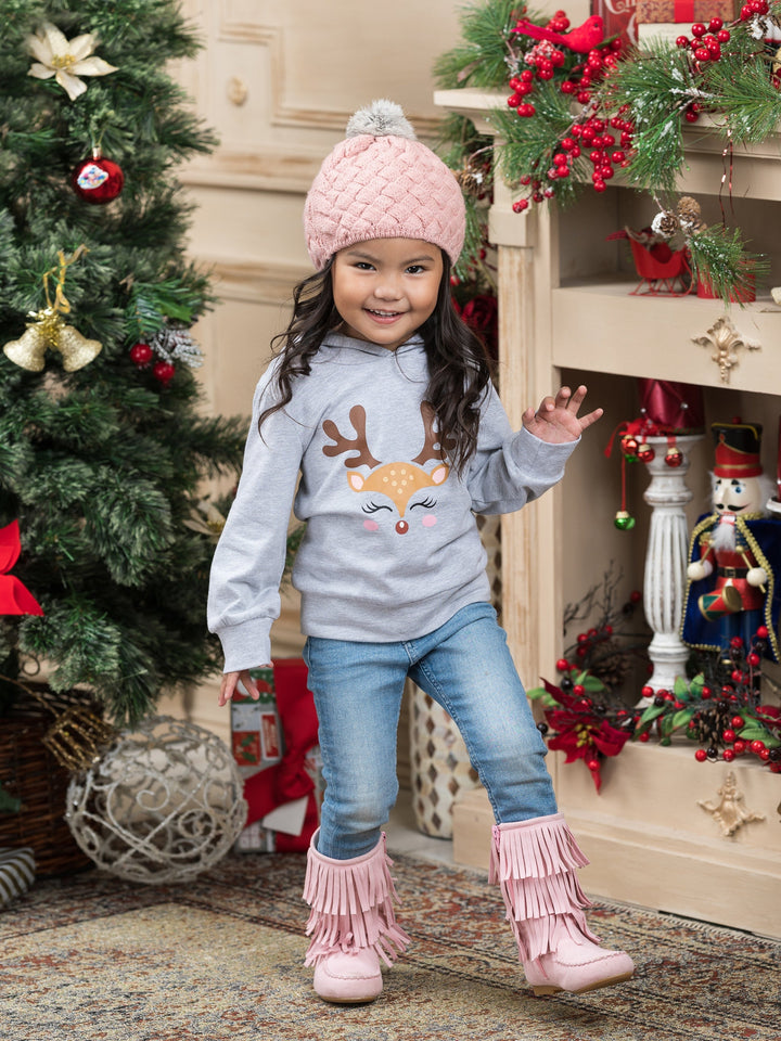 Cute Toddler Winter Tops | Girls Reindeer Long Sleeve Hooded Top 