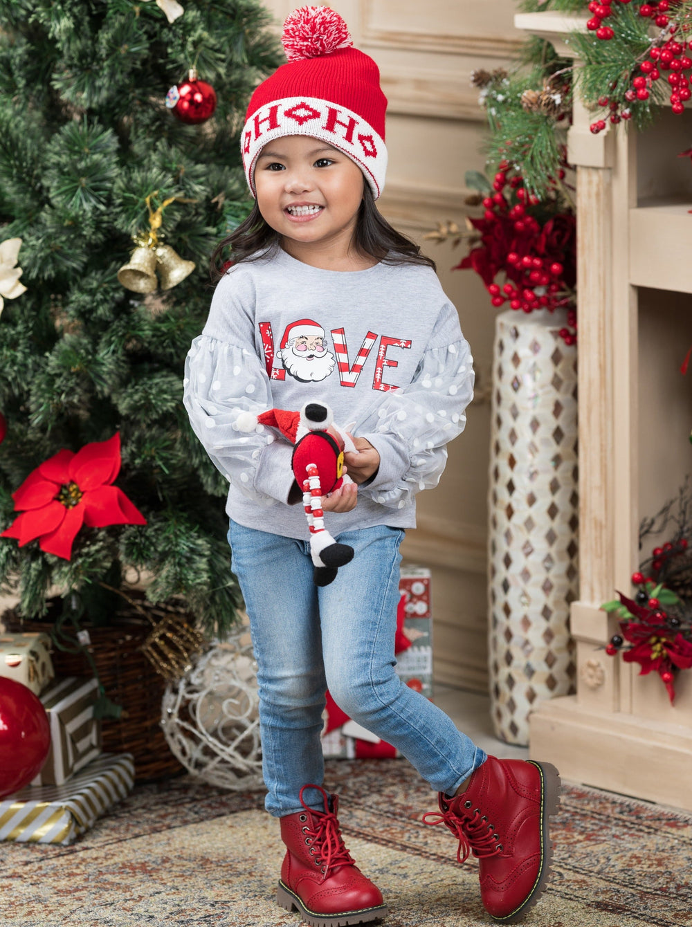 Winter Tops For Girls | Love Santa Polka Dot Tulle Sleeve Sweatshirt