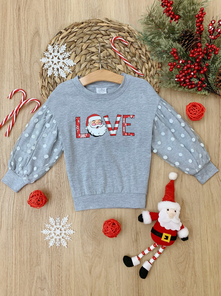 Winter Tops For Girls | Love Santa Polka Dot Tulle Sleeve Sweatshirt