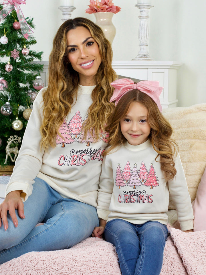 Mama und ich – Sweatshirt mit Rundhalsausschnitt und Weihnachtsbäumen in Rosa