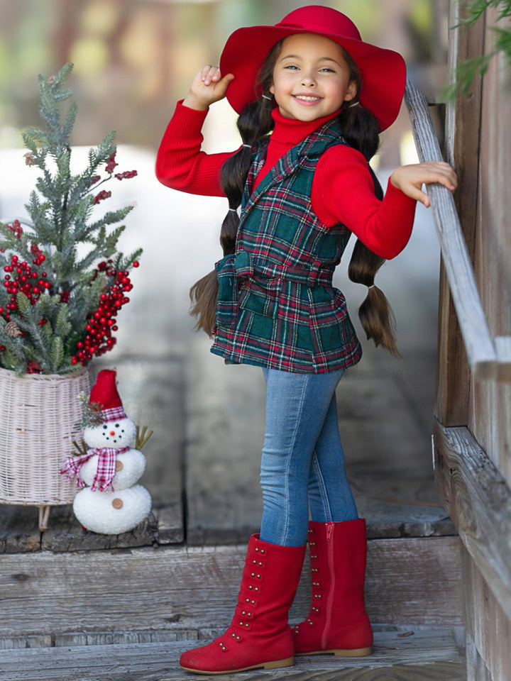 Festive Flair Plaid Belted Vest and Red Turtleneck Top Set