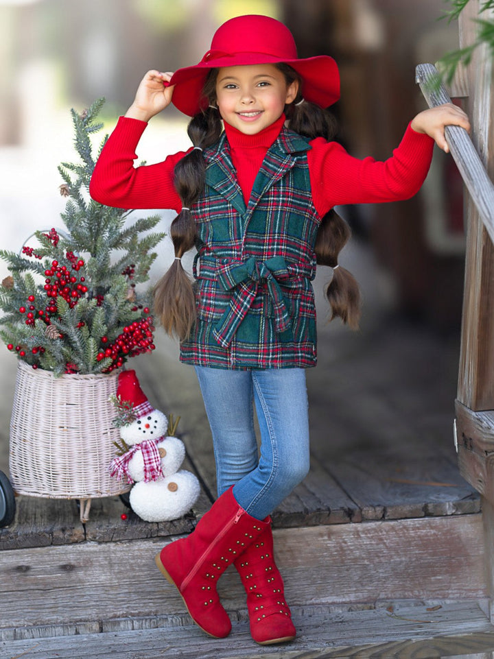 Festive Flair Plaid Belted Vest and Red Turtleneck Top Set