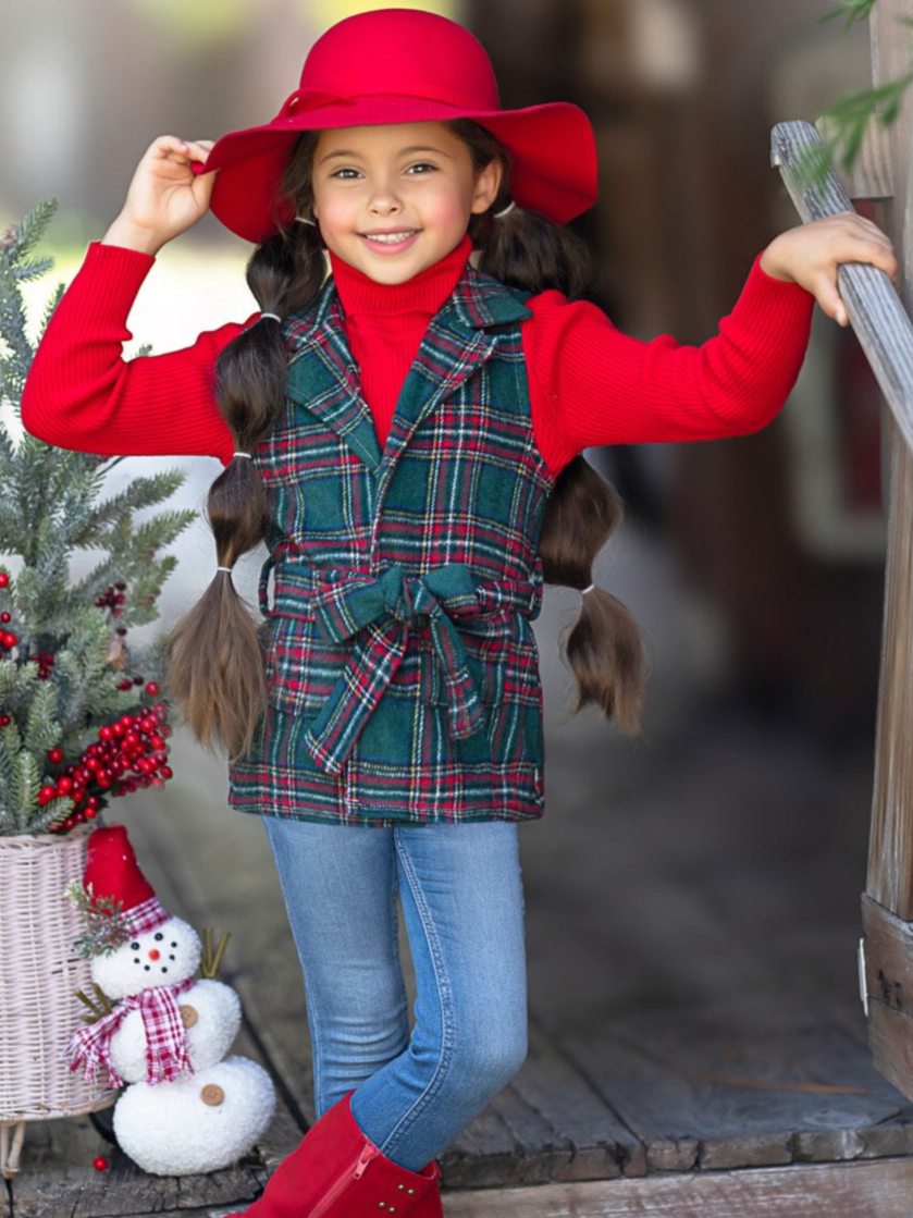 Festive Flair Plaid Belted Vest and Red Turtleneck Top Set