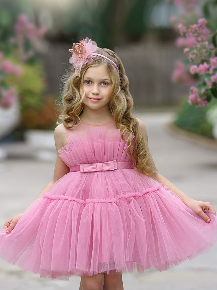 Girls  dress features a sleeveless layered tulle bodice and skirt with a belted waistline - Spring Dressy Dress