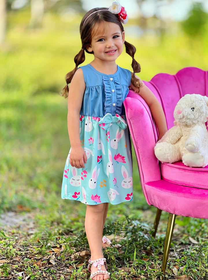 Mia Belle Girls Chambray Bunny Print Dress | Easter Dresses