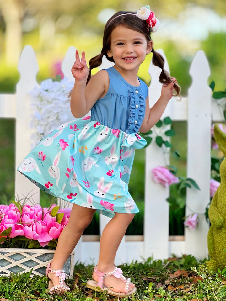 Mia Belle Girls Chambray Bunny Print Dress | Easter Dresses