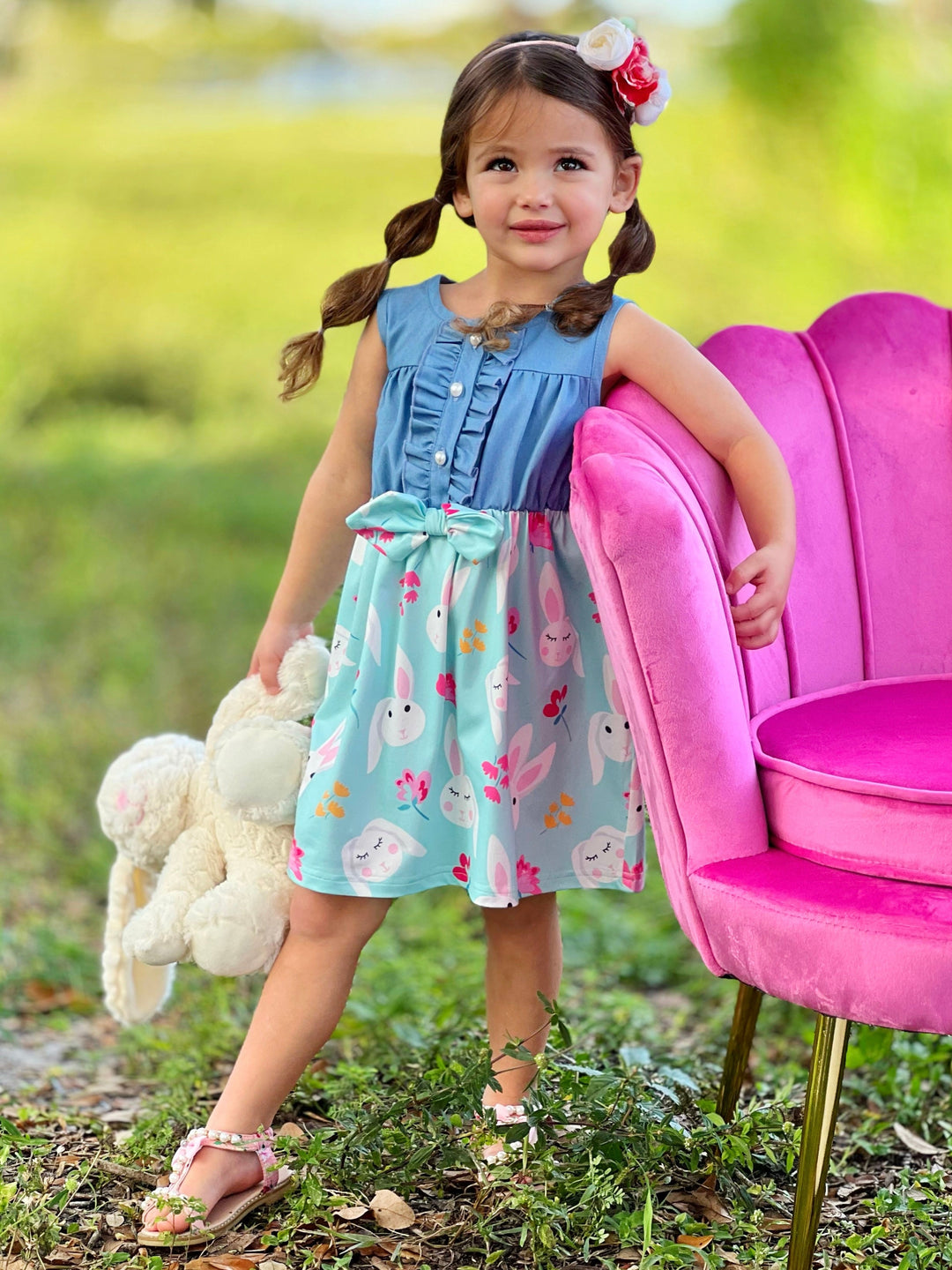 Mia Belle Girls Chambray Bunny Print Dress | Easter Dresses