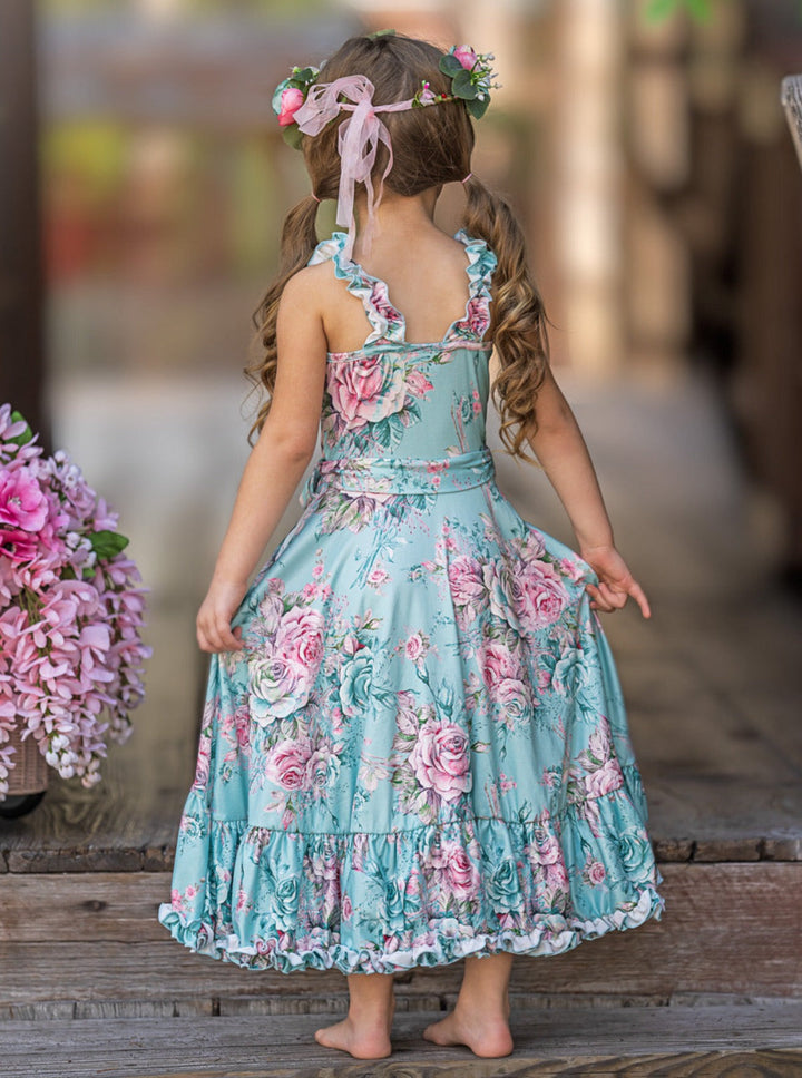 Mia Belle Girls Mint Rose Print Hi-Lo Ruffle Dress | Easter Dresses