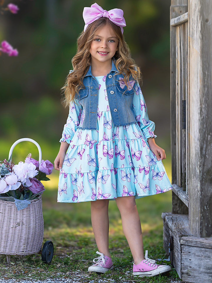 Mia Belle Girls Denim Vest And Butterfly Dress Set | Girls Easter Sets