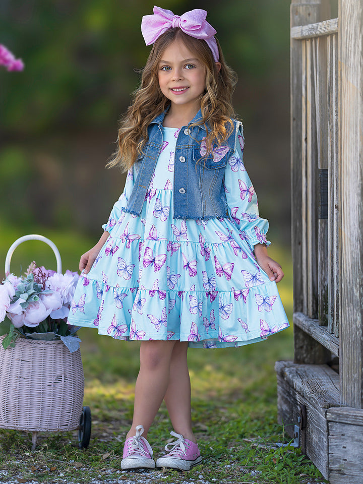 Mia Belle Girls Denim Vest And Butterfly Dress Set | Girls Easter Sets