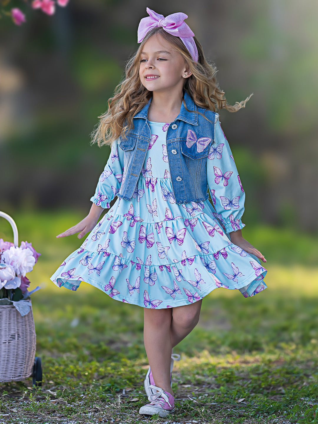 Mia Belle Girls Denim Vest And Butterfly Dress Set | Girls Easter Sets