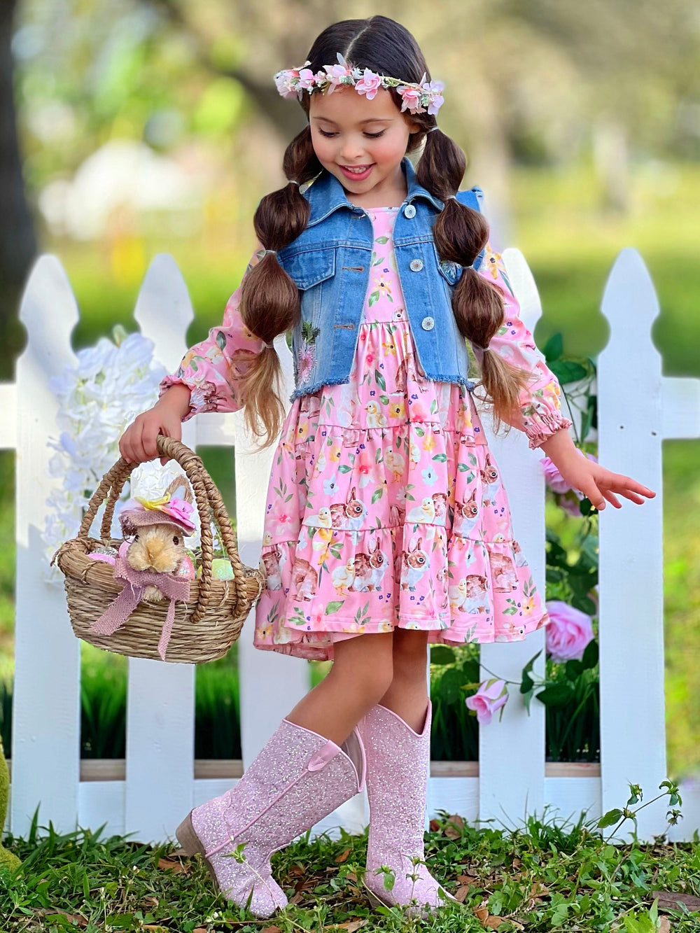 Mia Belle Girls Denim Vest And Floral Dress Set | Girls Easter Sets