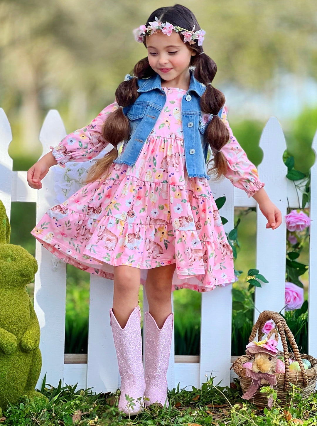 Mia Belle Girls Denim Vest And Floral Dress Set | Girls Easter Sets