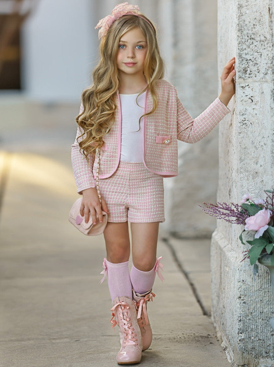 Preppy Chic Sets | Tweed Blazer Jacket & Shorts Set | Mia Belle Girls