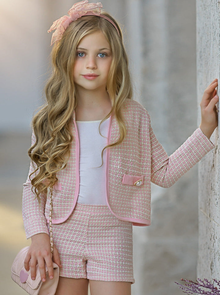 Preppy Chic Sets | Tweed Blazer Jacket & Shorts Set | Mia Belle Girls