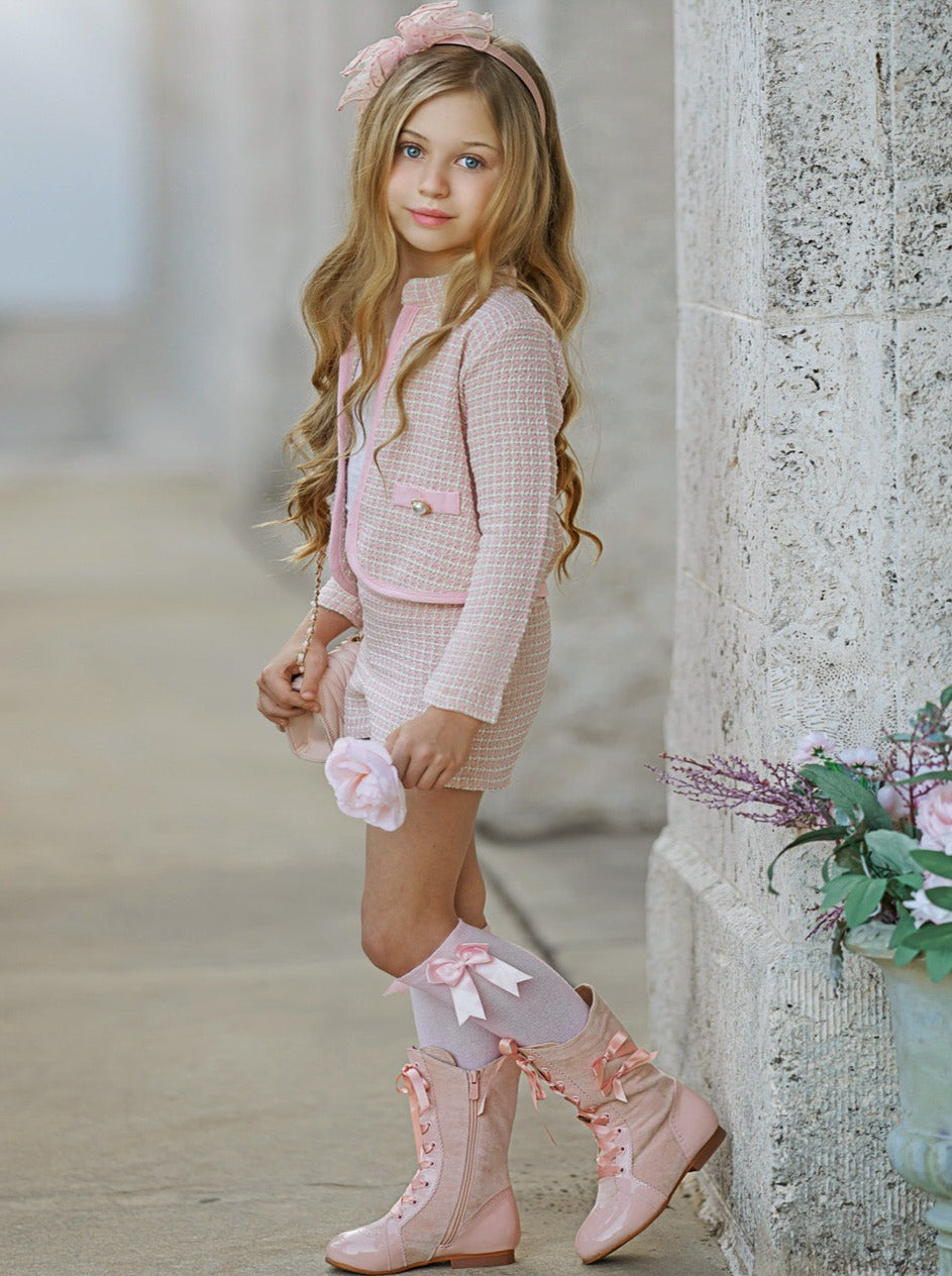 Preppy Chic Sets | Tweed Blazer Jacket & Shorts Set | Mia Belle Girls