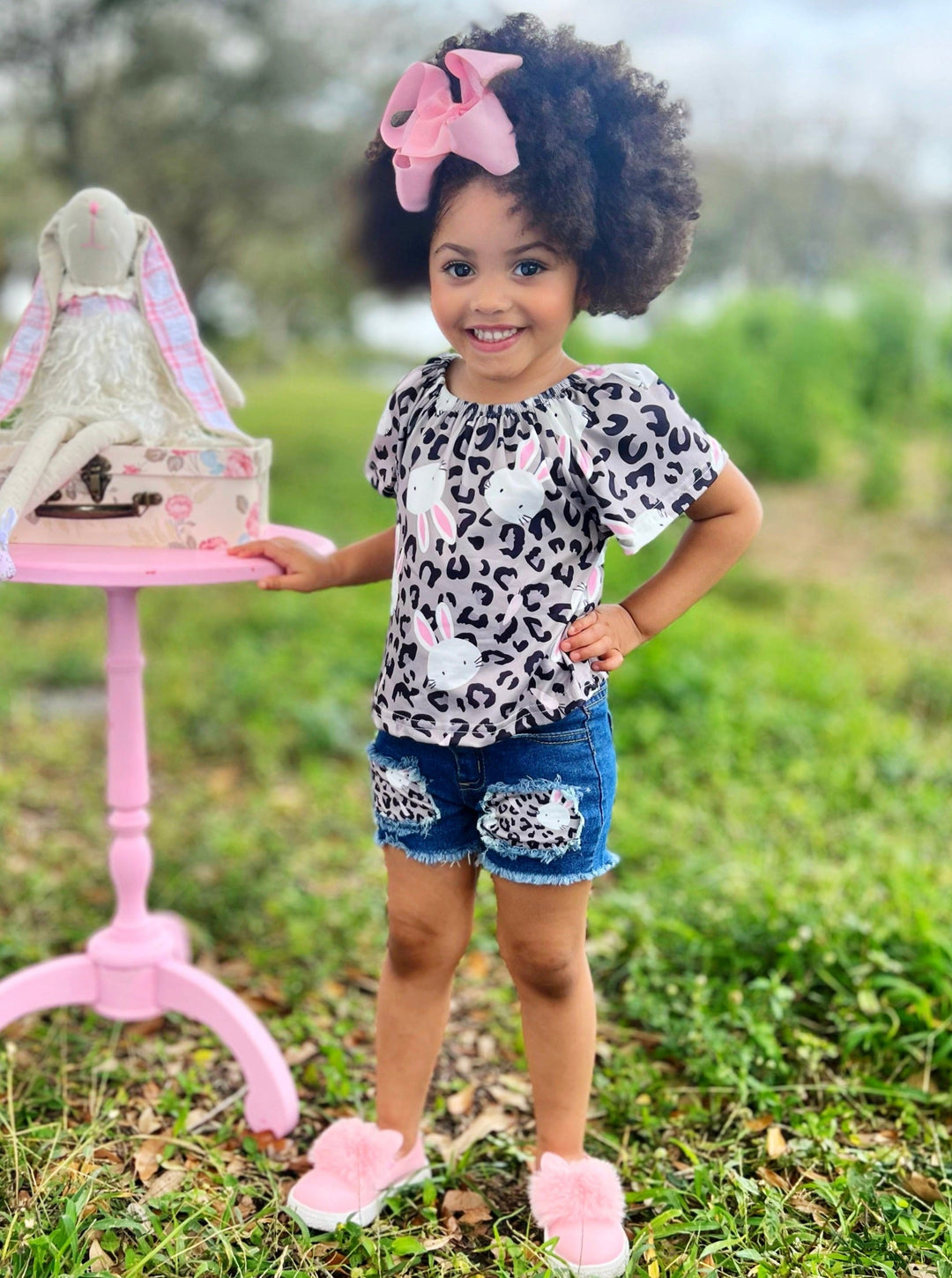 Little Girls Easter Sets | Leopard Print Bunny Top & Denim Shorts Set