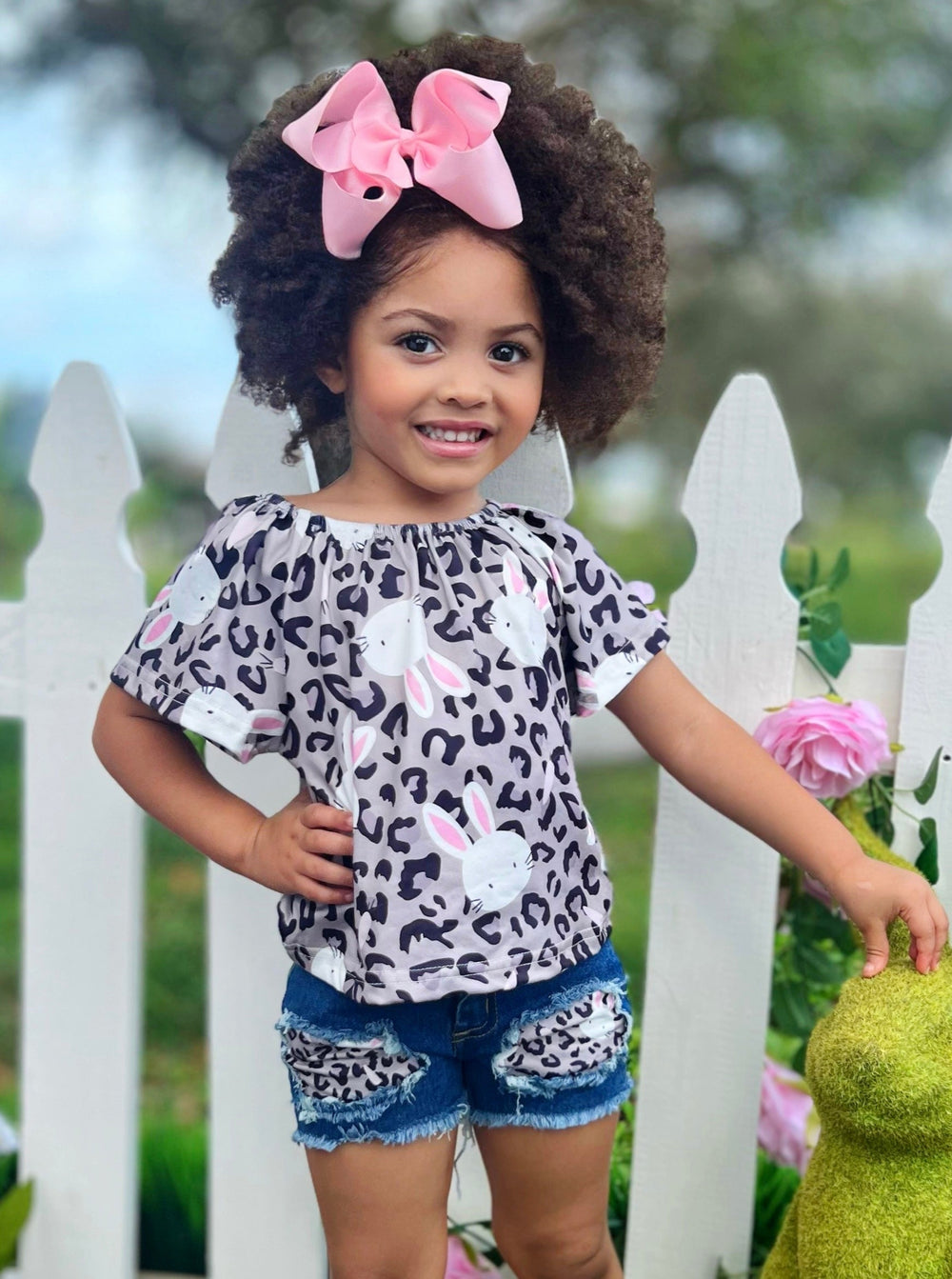 Little Girls Easter Sets | Leopard Print Bunny Top & Denim Shorts Set