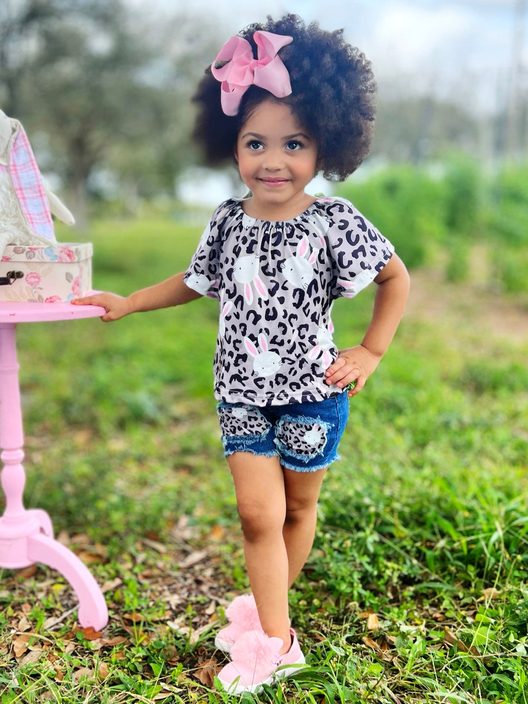 Little Girls Easter Sets | Leopard Print Bunny Top & Denim Shorts Set