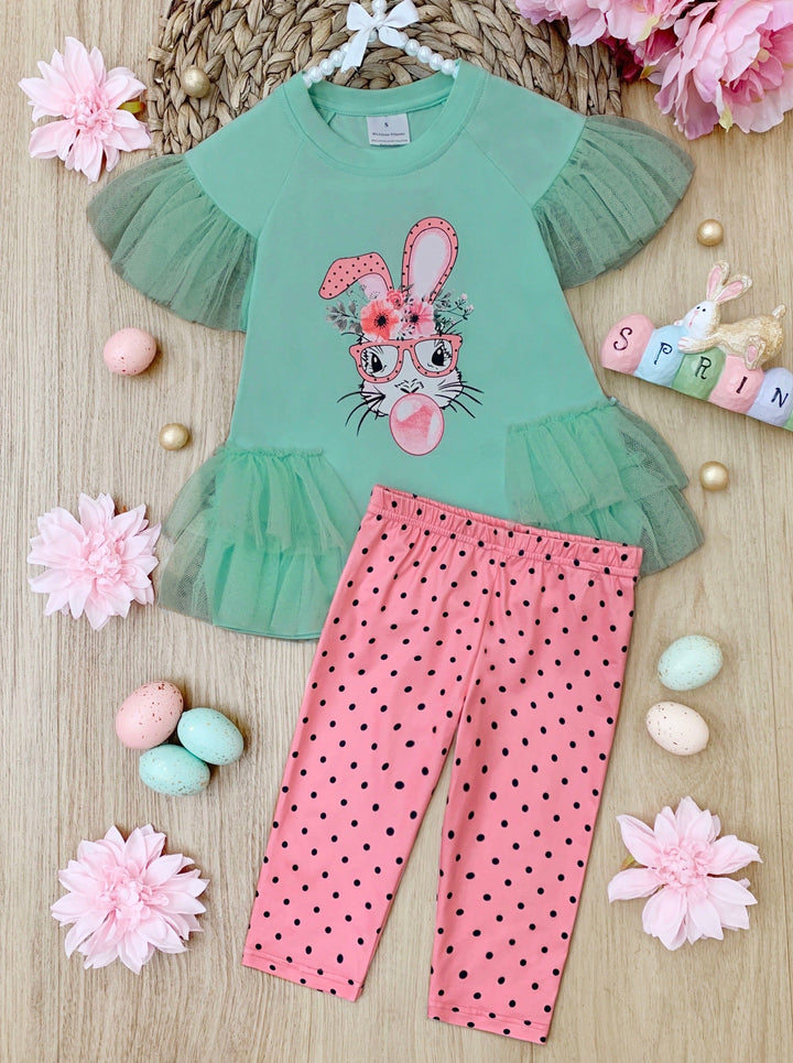 Girls Easter Set | Bunny Tulle Ruffle Top & Polka Dot Legging Set