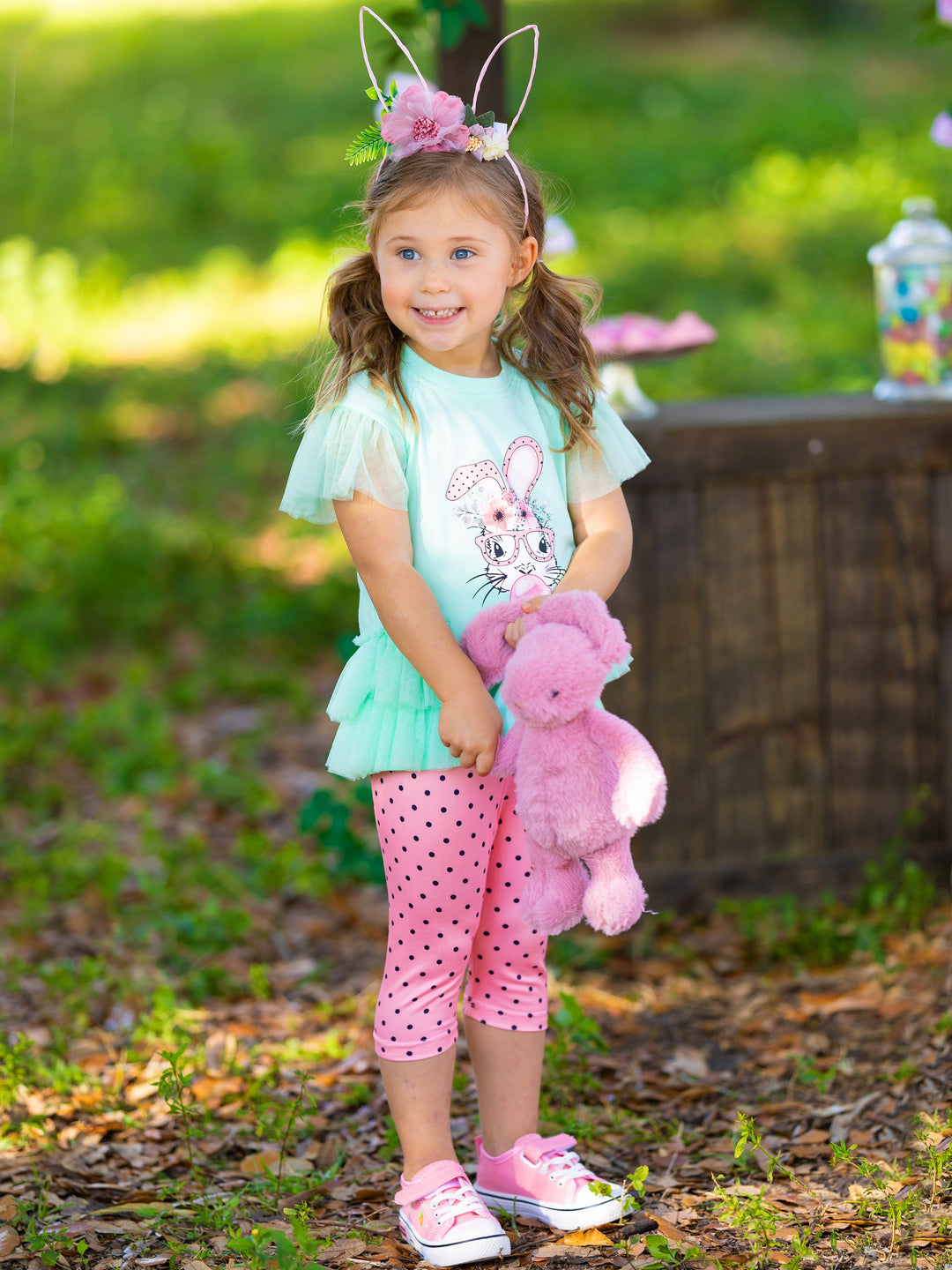 Girls Easter Set | Bunny Tulle Ruffle Top & Polka Dot Legging Set