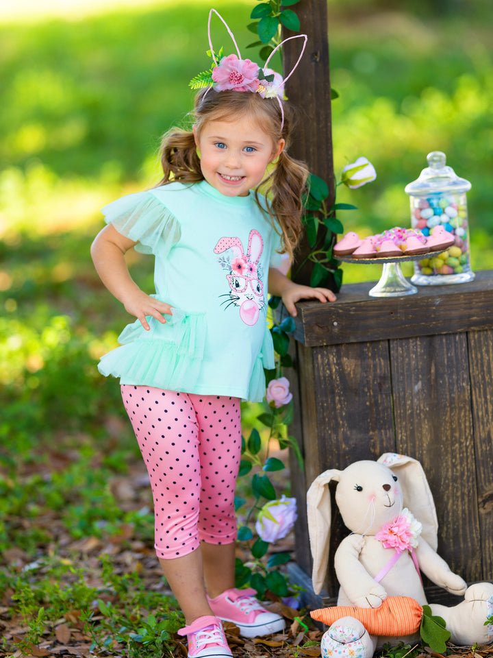 Girls Easter Set | Bunny Tulle Ruffle Top & Polka Dot Legging Set