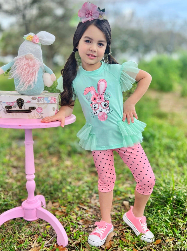 Girls Easter Set | Bunny Tulle Ruffle Top & Polka Dot Legging Set