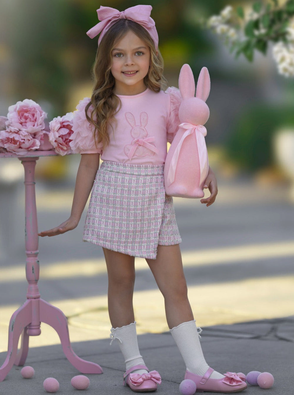 Mia Belle Girls Puff Sleeve And Plaid Skort Set | Girls Easter Sets