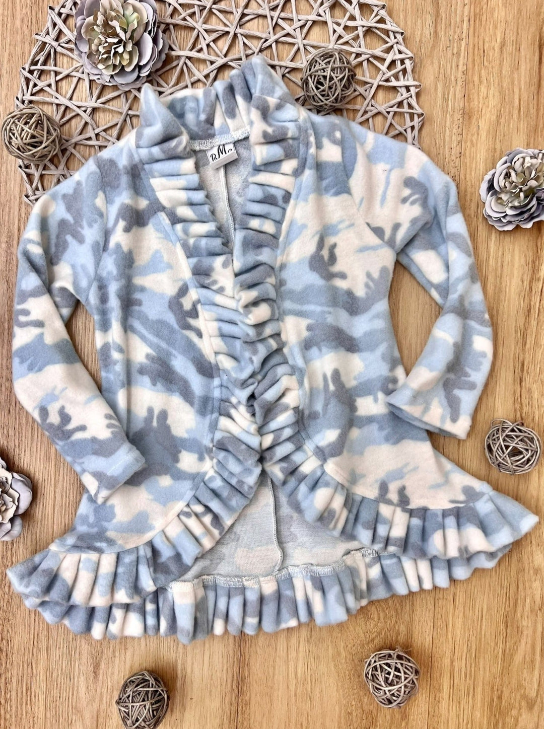 Sweaters & Cardigans | Blue Camo Ruffle Cardigan | Mia Belle Girls