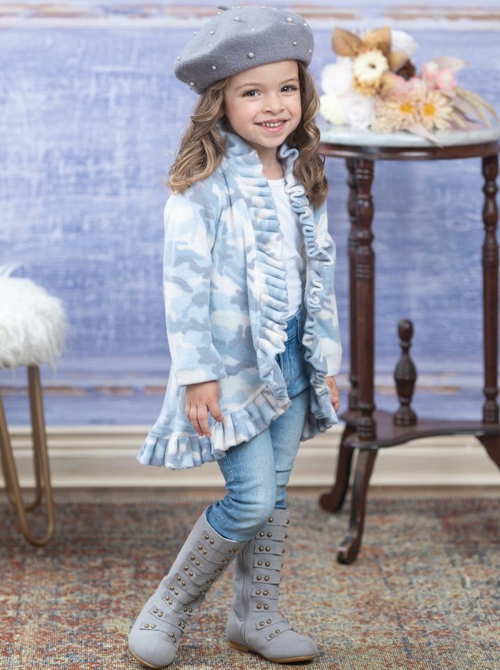 Sweaters & Cardigans | Blue Camo Ruffle Cardigan | Mia Belle Girls