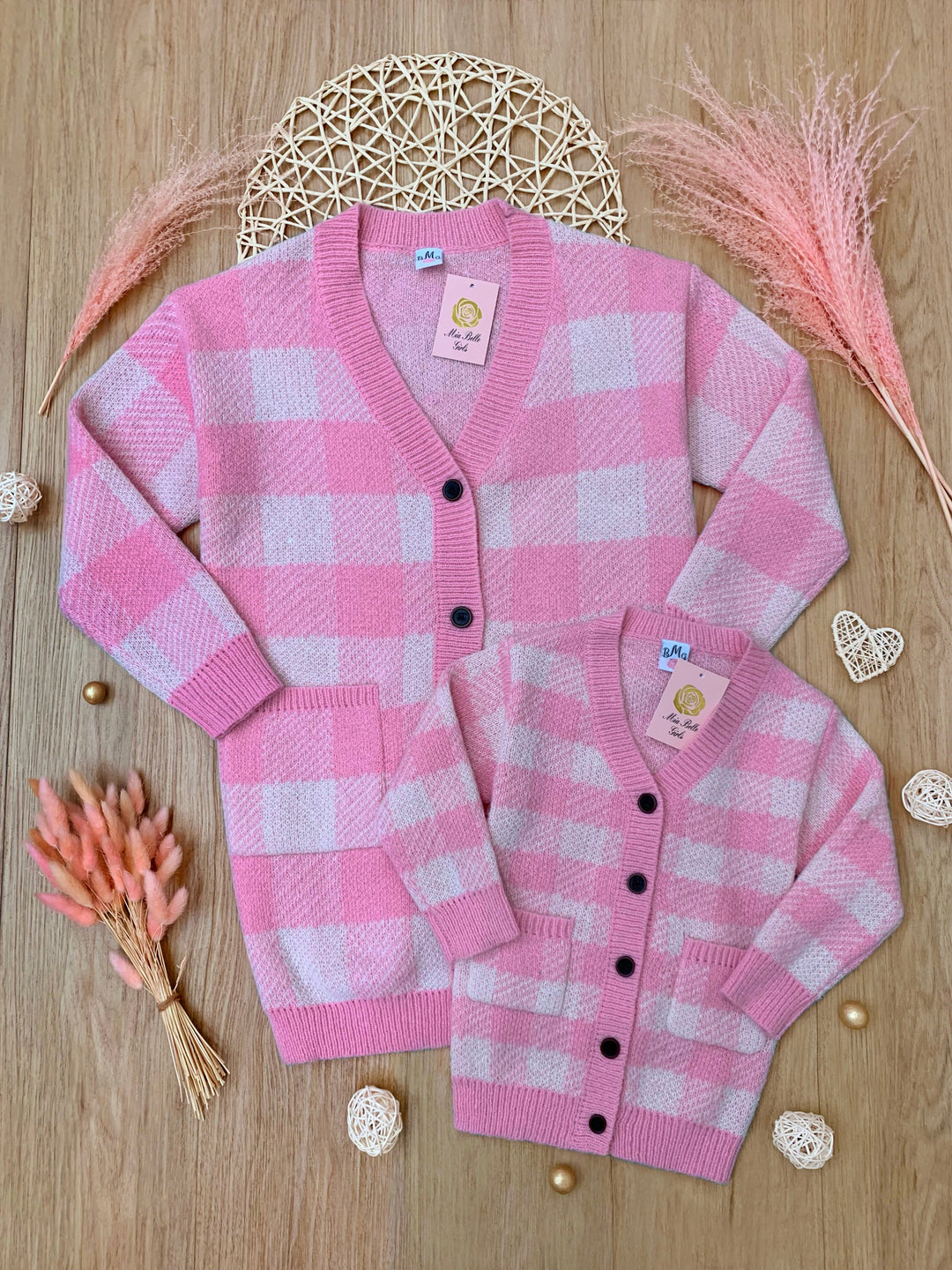 Übergroße Strickjacke „Mommy and Me“ in Rosa und Weiß mit Karomuster