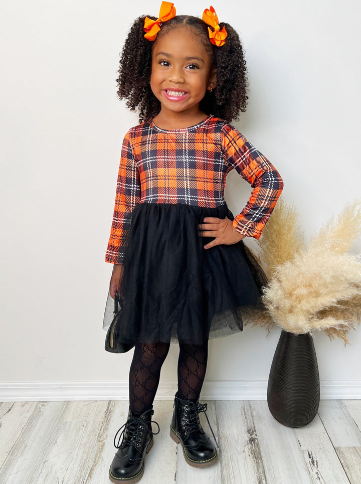 Girls Long Sleeved Black and Orange Plaid Tutu Dress - Mia Belle Girls