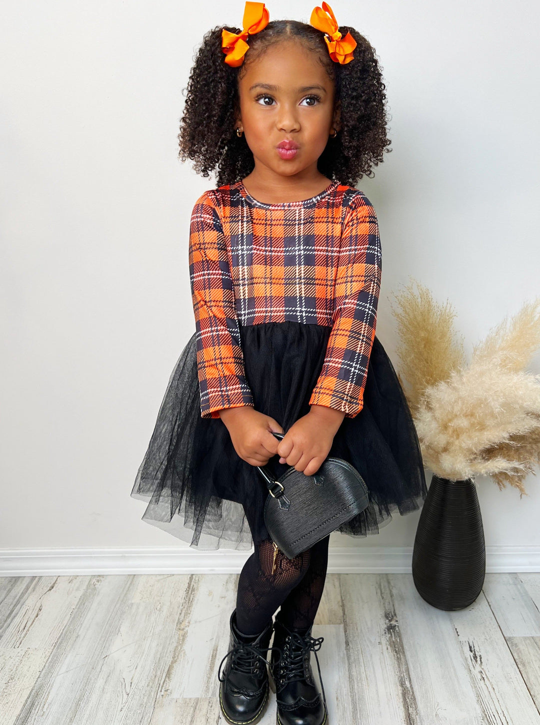 Girls Long Sleeved Black and Orange Plaid Tutu Dress - Mia Belle Girls