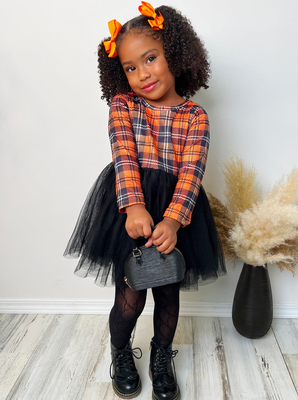 Girls Long Sleeved Black and Orange Plaid Tutu Dress - Mia Belle Girls