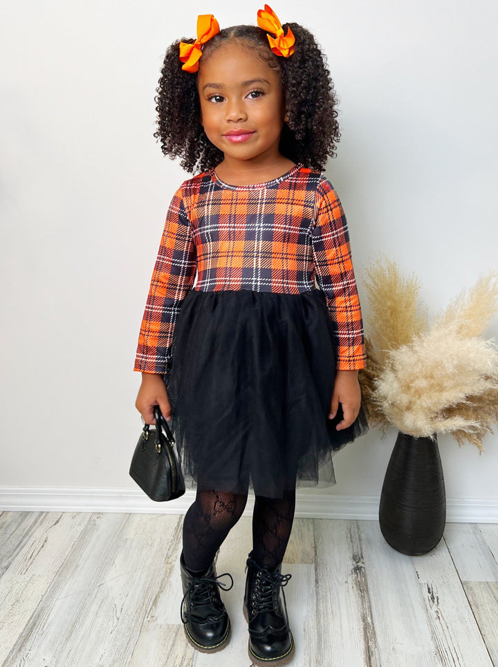 Girls Long Sleeved Black and Orange Plaid Tutu Dress - Mia Belle Girls