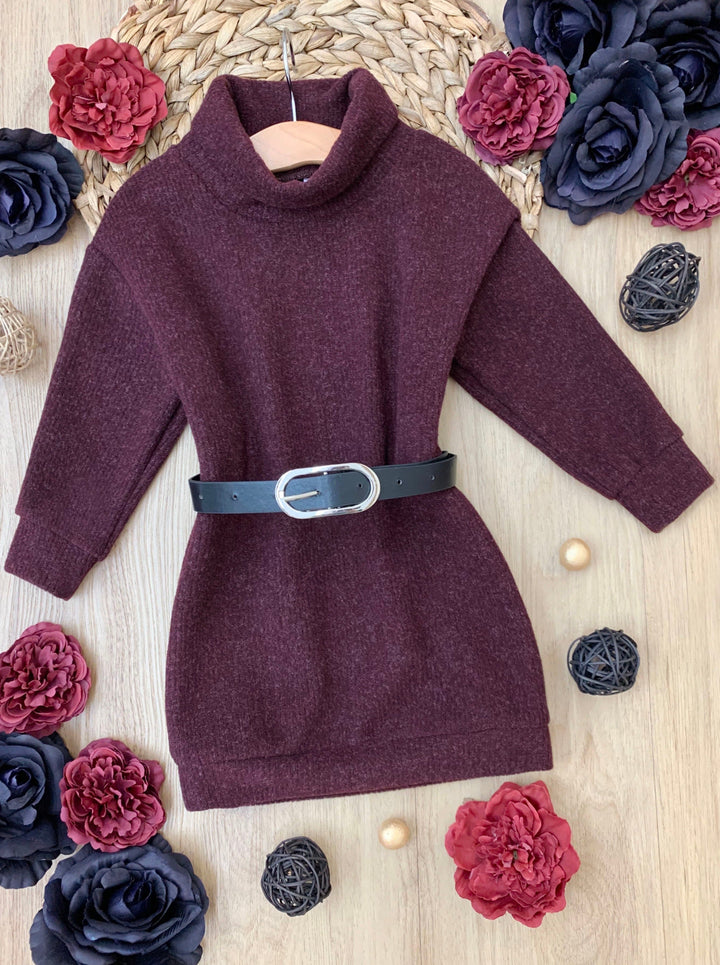 Little Girls Fall Turtleneck Belted Sweater Dress - Mia Belle Girls