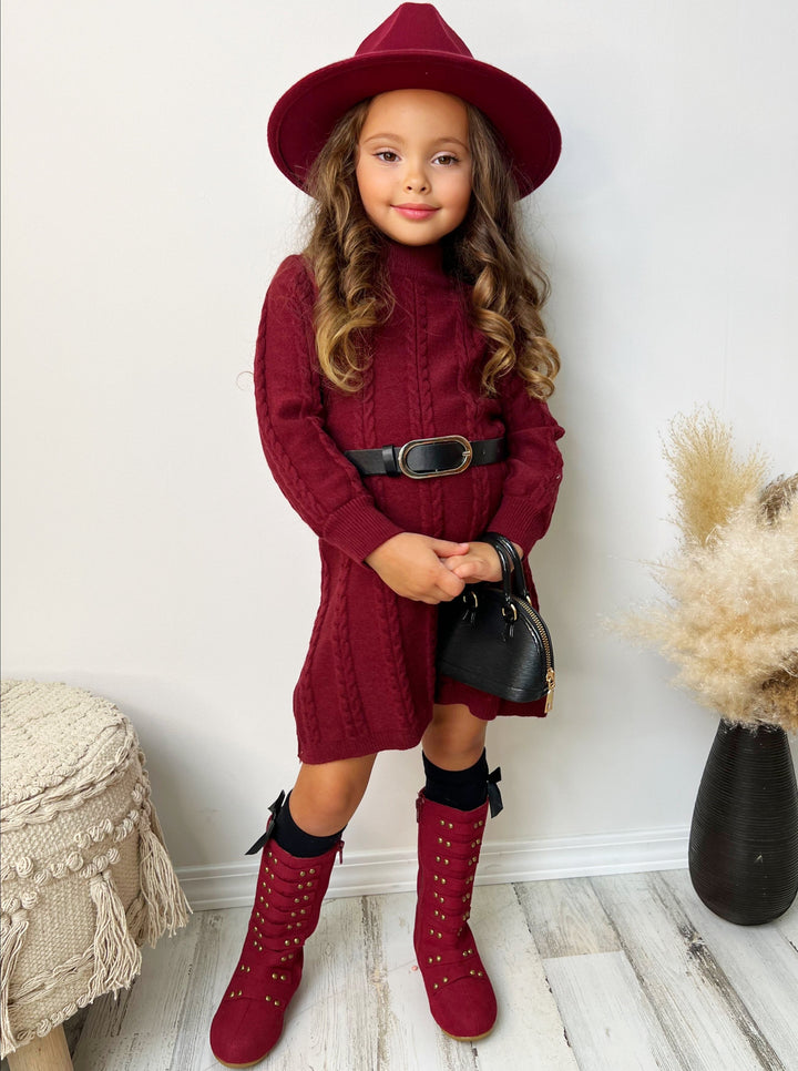 Little Girls Fall Cable Knit Belted Sweater Dress - Mia Belle Girls