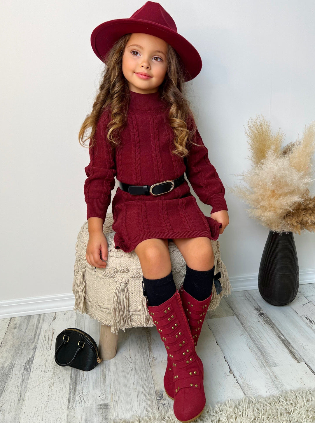 Little Girls Fall Cable Knit Belted Sweater Dress - Mia Belle Girls