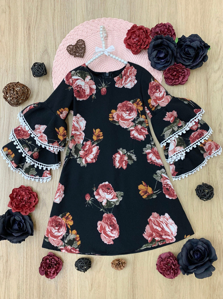 Girls Black Floral Tiered Sleeve Miya Dress| Black Friday Kids Fashion