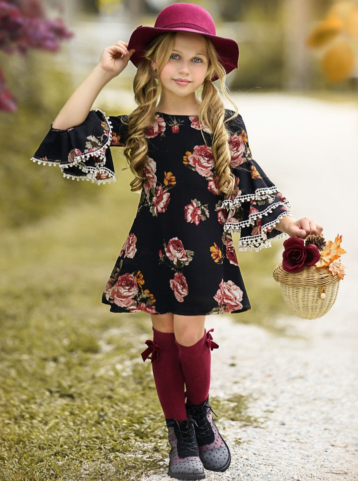 Girls Black Floral Tiered Sleeve Miya Dress| Black Friday Kids Fashion