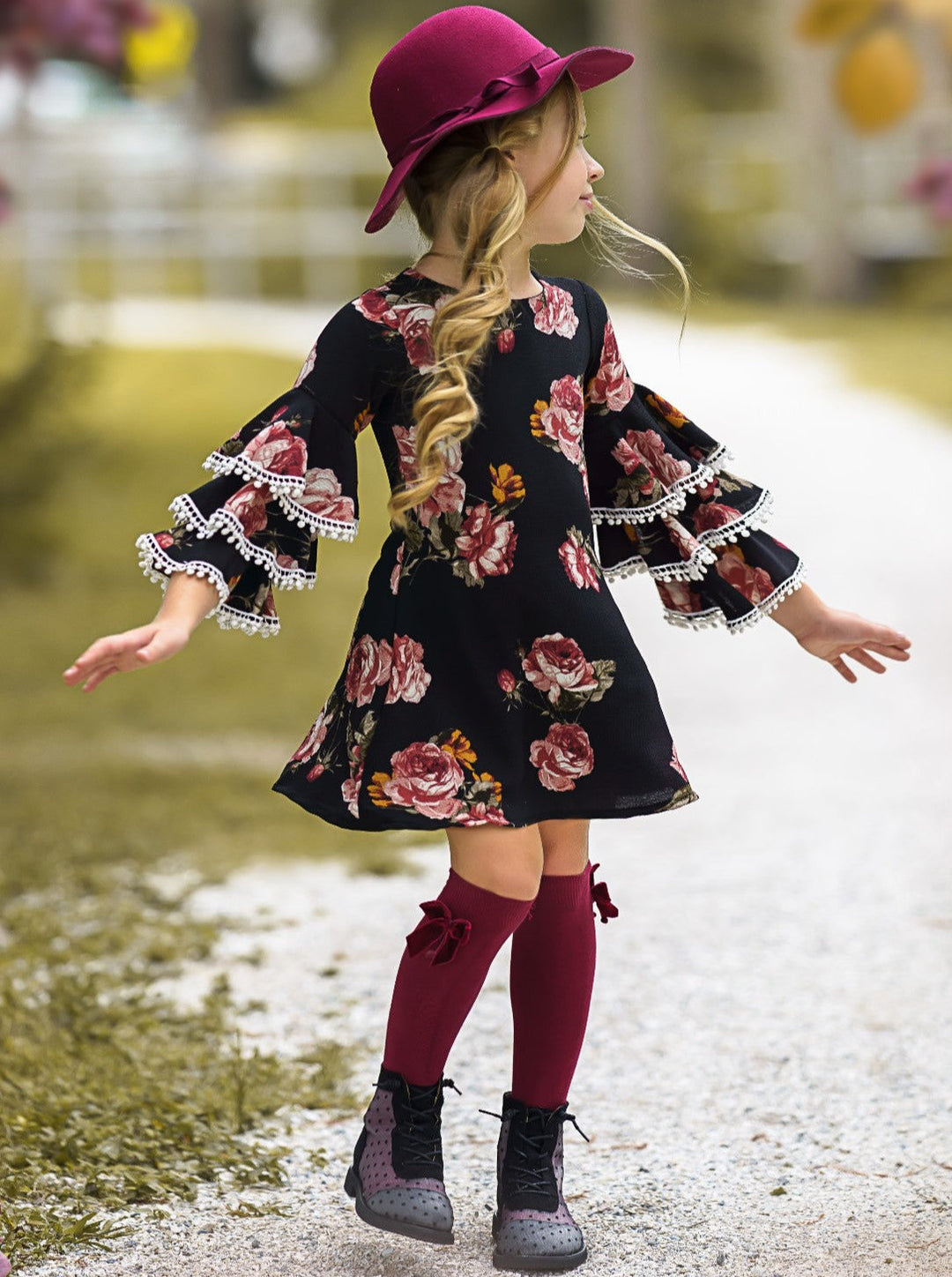 Girls Black Floral Tiered Sleeve Miya Dress| Black Friday Kids Fashion