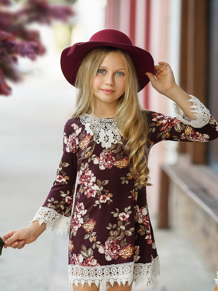 Little Girls Fall Boho Burgundy Floral Crochet Gaby Dress - Mia Belle Girls