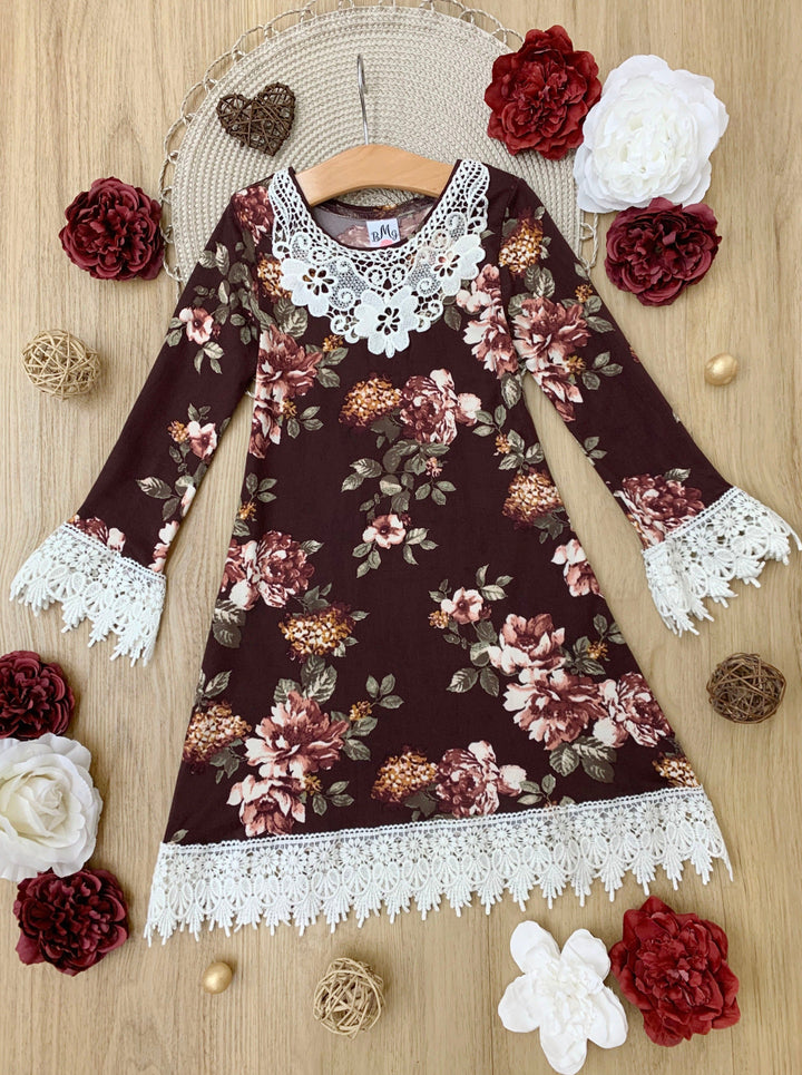 Little Girls Fall Boho Burgundy Floral Crochet Gaby Dress - Mia Belle Girls