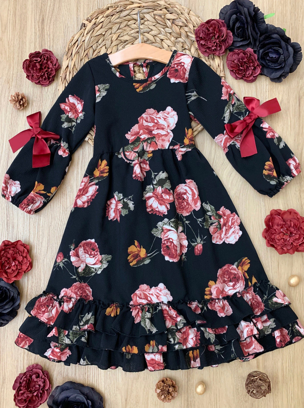 Little Girls Fall Boho Cloda Black Floral Midi Dress | Mia Belle Girls