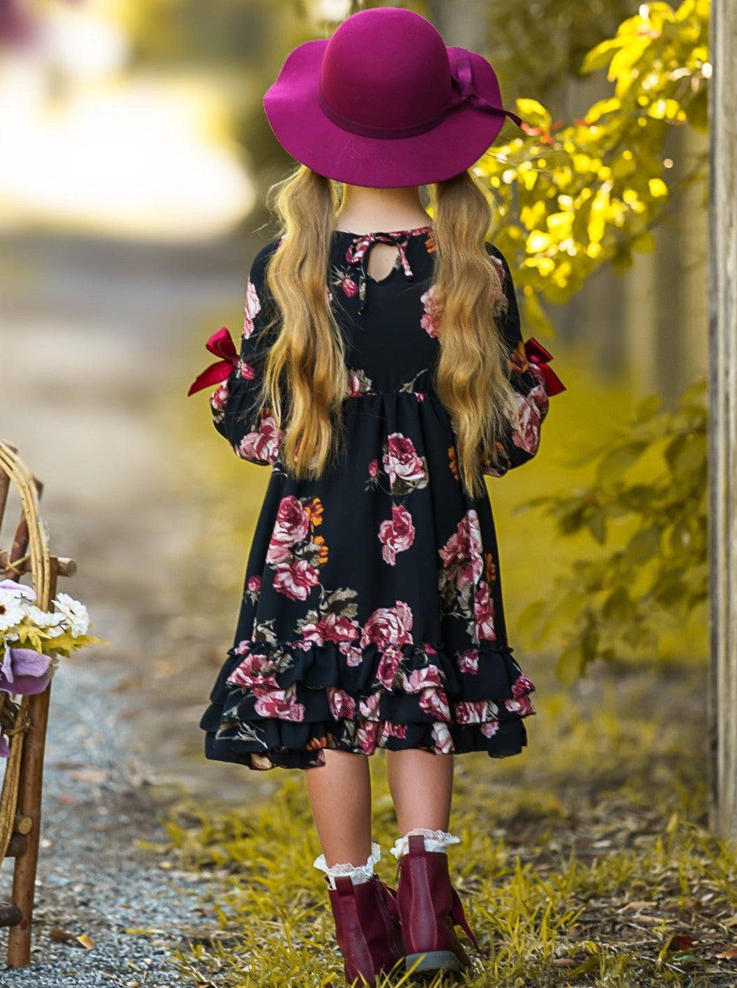 Little Girls Fall Boho Cloda Black Floral Midi Dress | Mia Belle Girls